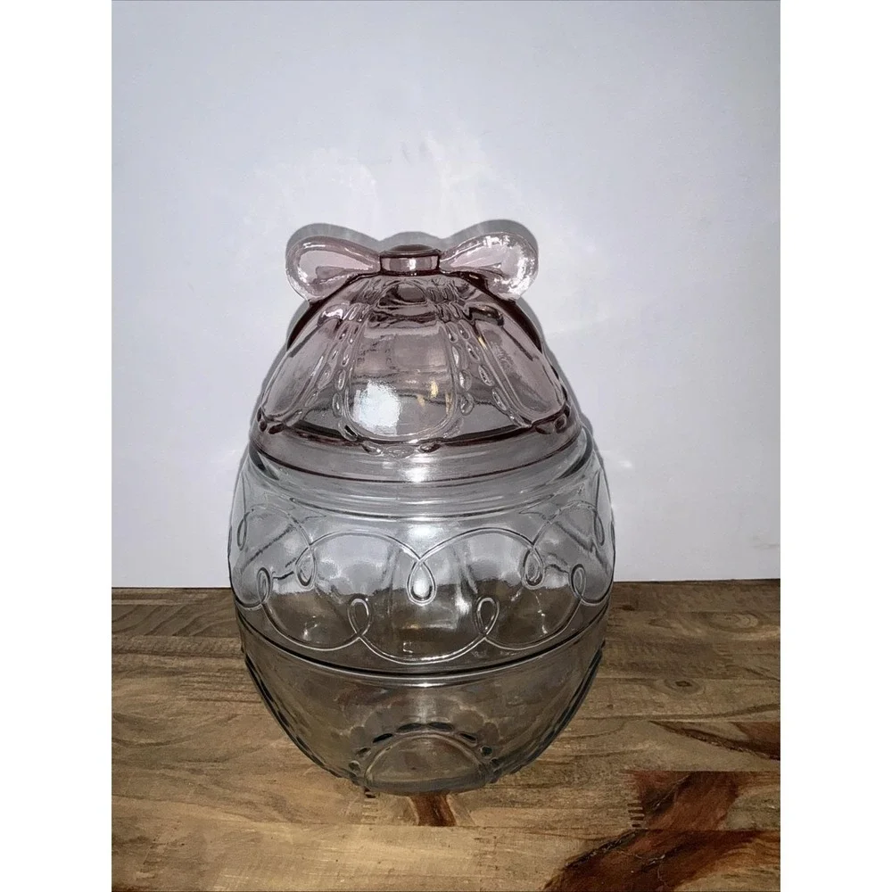 Vintage Anchor Hocking Glass Large Easter Egg Canister Jar Bow Cookie Jar
